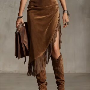Women's Western-Style Midi Skirt | Faux Suede with Fringe & Tassels | Asymmetrical Hem | Slim Fit | YTD